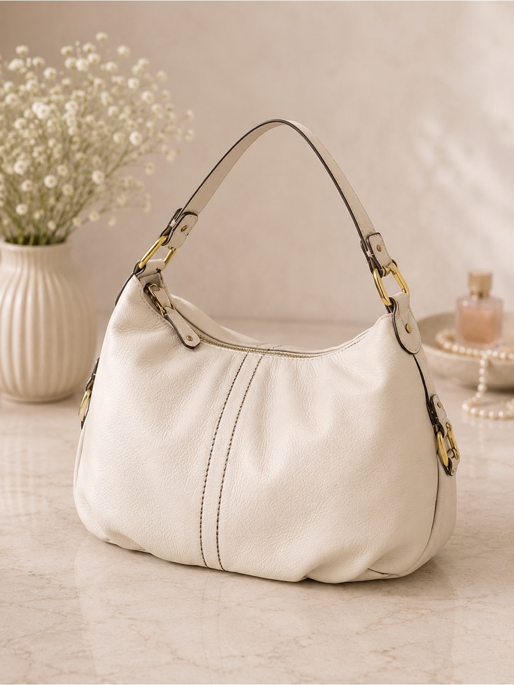 Banana Republic Cream Pebbled Leather Hobo Shoulder Bag slouchy Purse
